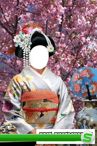 Шаблон Японская женщина под сакурой