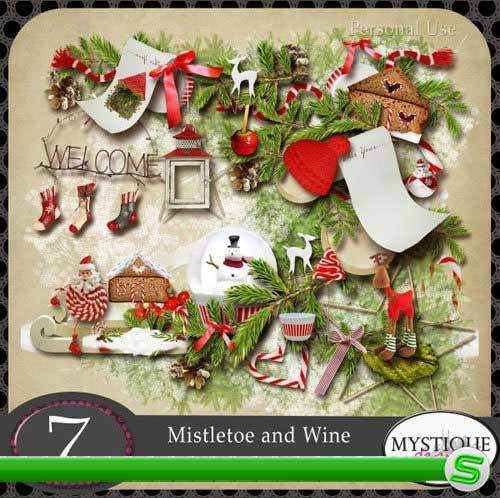 Симпатичный новогодний скрап-набор - Омела и Вино. Scrap - Mistletoe and Wine