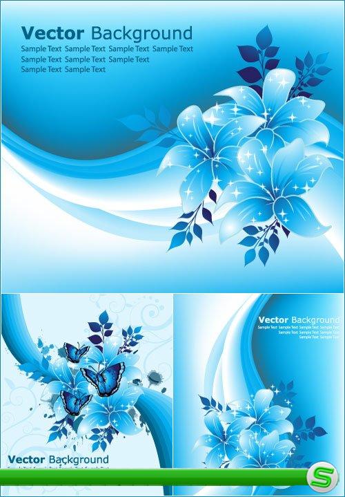 Голубые цветочные фоны с бабочками (Вектор)