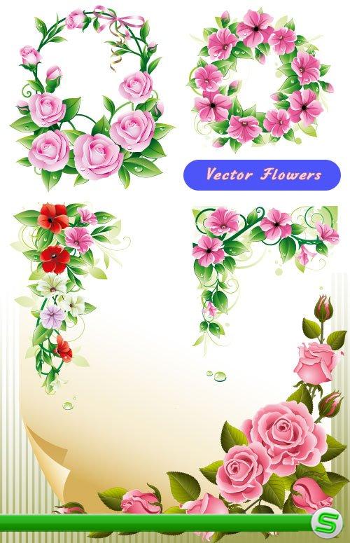 Цветочные венки уголки из роз и розовых цветов (Вектор)