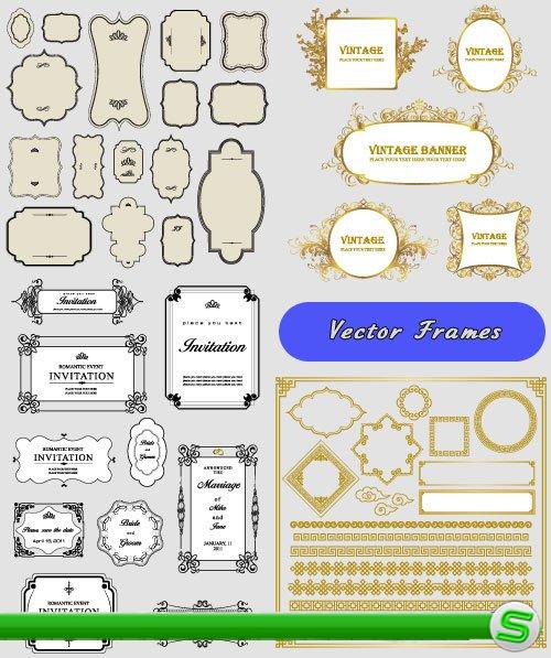 Золотые и пригласительные рамки винтажные баннеры (Вектор)