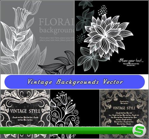 Черно-белые винтажные цветочные фоны и рамки (Вектор)