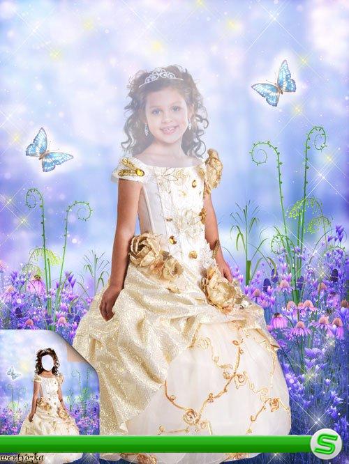 Детский шаблон для фотошоп - Девочка в золотистом платье и бабочки 