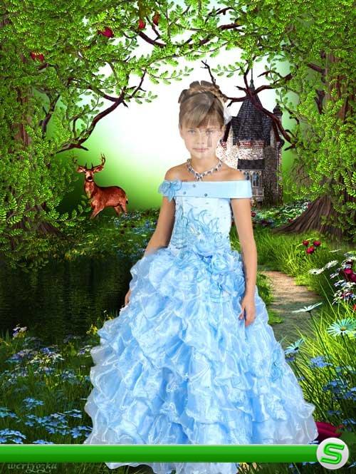 Детский шаблон для девочки - В нарядном голубом платье на фоне чудесной природы