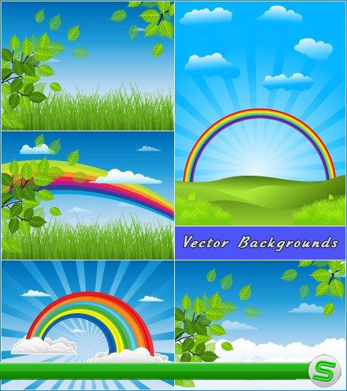 Летние фоны с радугой голубое небо зеленые листья (Вектор)