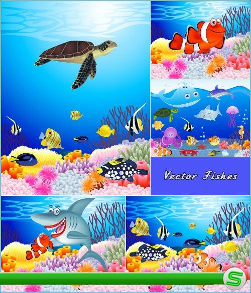 Мультяшный подводный мир рыбы черепахи (Вектор)