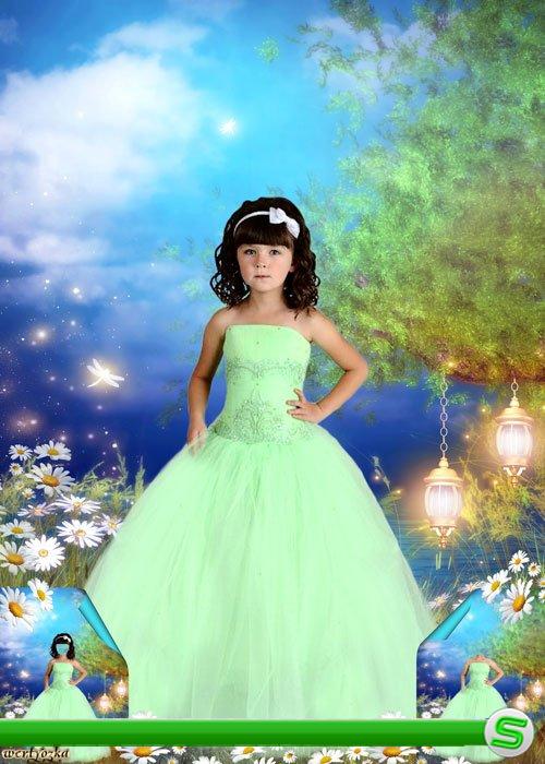 Многослойный детский psd шаблон - Девочка в нежно-салатовом платье среди чудесных ромашек