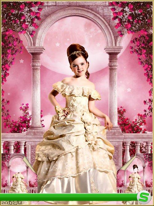 Многослойный детский psd шаблон - Маленькая принцесса на терассе среди роз вишневого цвета