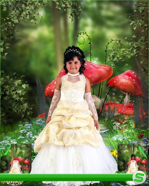 Многослойный детский psd шаблон - Очаровательная девочка в нарядном платье и волшебный лес