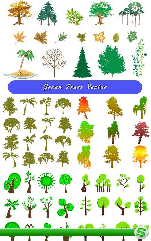 Зеленые деревья силуэты берез, пальмы (Вектор)