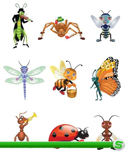Мультяшные персонажи - Кузнечик, бабочка, пчела, муравей (Вектор)