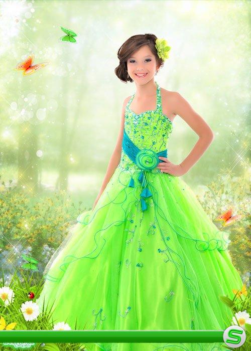 Многослойный детский psd шаблон - Девочка в ярко зеленом платье среди ромашек и бабочек 