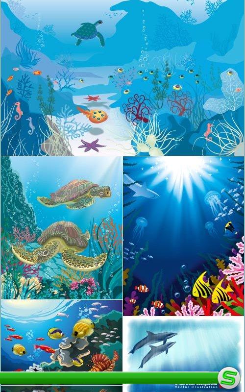 Подводный мир - Стаи разноцветных рыб, морские кони, черепахи (Вектор)