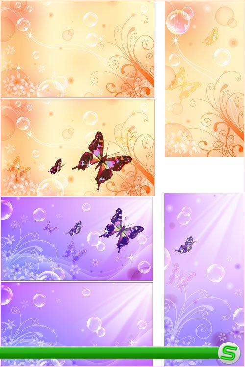 Сказочные фиолетовые фоны с пузырьками и бабочкой (Вектор)