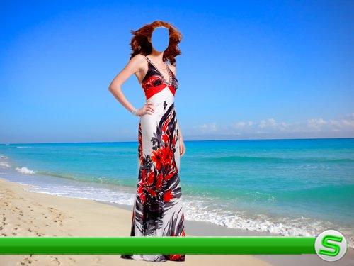 Шаблон для фотошопа – Девушка в платье на берегу моря