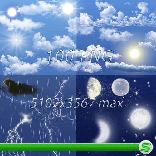 Элементы неба на прозрачном фоне - Облака, солна, луны, звезды, дождь, снег, молнии