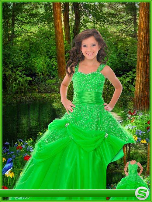Многослойный детский psd шаблон - Девочка в ярко-зеленом платье словно лесная принцесса 