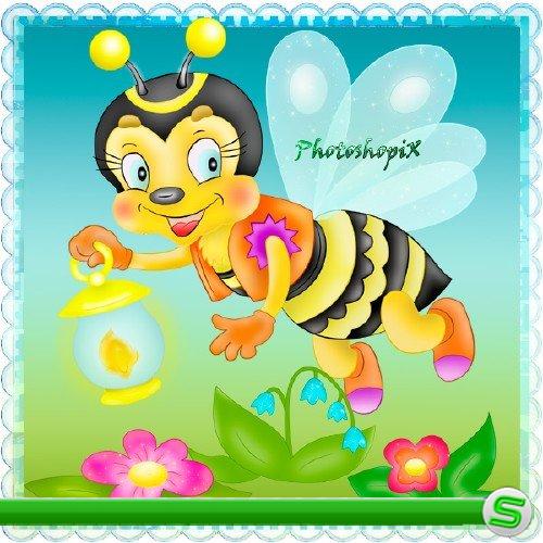 Детский PNG клипарт – Пчелка с фонариком и цветами