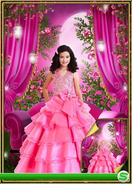Многослойный детский psd шаблон - Очаровательная маленькая принцесса в пышном розовом платье 