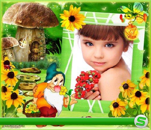 Детская рамка для фотошопа - Гномик с чудесными желтыми цветами 