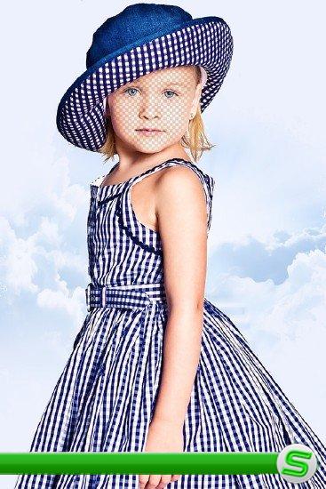  Шаблон для photoshop - Девочка в синем платье в клетку и шляпке