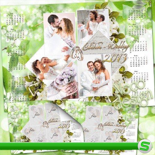   Стильный свадебный календарь - коллаж на пять фото на с белыми цветами и зеленью  