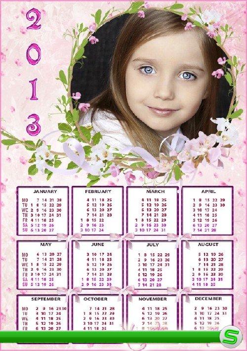 Красивый календарь - рамка для фотошопа с нежными цветами и кокетливыми бантиками