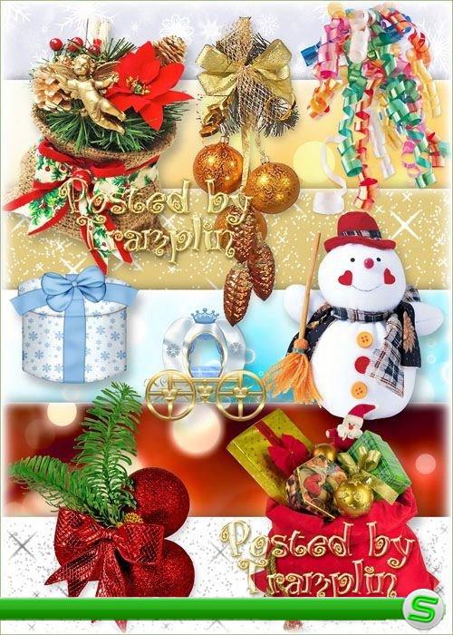 Новогодний клипарт – Мишура, елки, мешки с подарками, снеговики, игрушки
