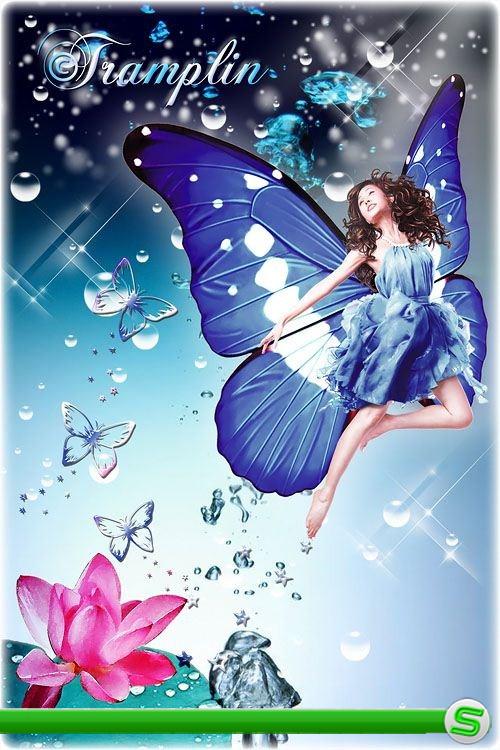 Psd исходник - Девушка-Бабочка и цветок лотоса
