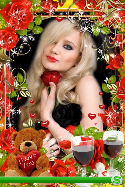 Романтическая рамка для фото с медвежонком и красными розами