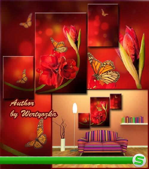Многослойный psd исходник триптих - Кливия, красные цветы, бабочки 