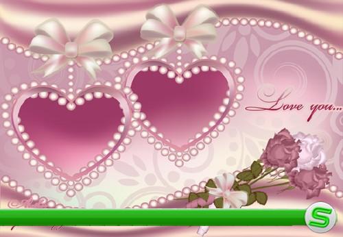 Рамка для фотошопа - Розовые сердечки, жемчуг, розы 