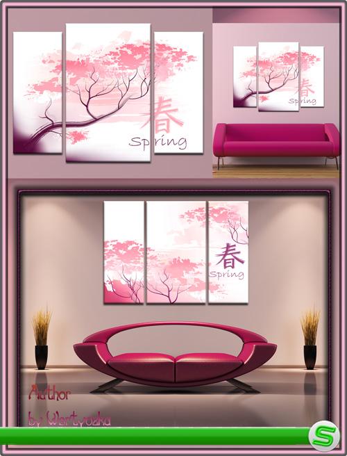 Триптих в psd формате - Сакура, японская вишня, символ Японии 