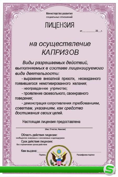 Шуточный сертификат-разрешение  на  капризы