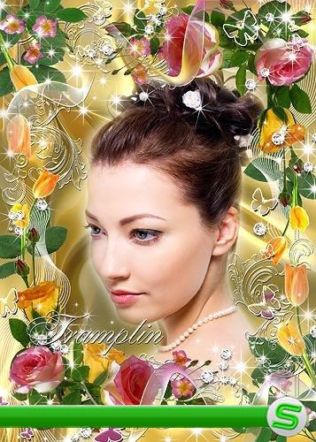 Цветочная рамка для фото – Розовые розы, Желтые тюльпаны