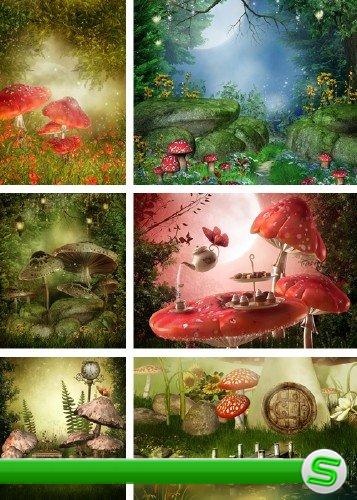 Волшебная грибная поляна - сказочные растровые фоны | Fantasy Mushrooms