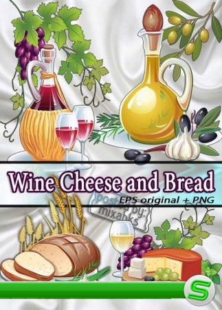 Вино, сыр и хлеб | Wine, cheese and bread (EPS + TIFF CMYK)