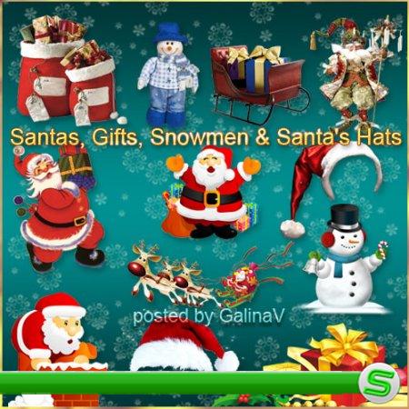 PNG Санта-Клаусы, подарки, снеговики и шапочки Санты