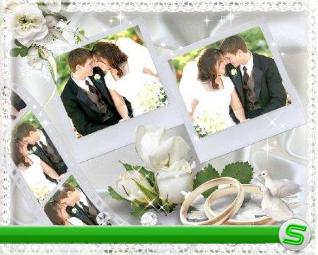 Свадебная рамочка для фотошопа с кадрами плёнки,обручальными кольцами и белыми голубями