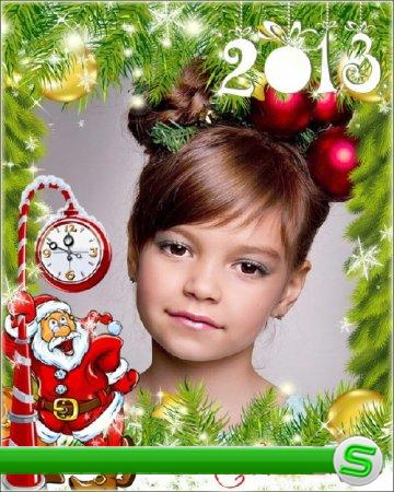 Красивая новогодняя рамочка для фотошопа с ёлочными веточками, игрушками и дедом морозом - 2013