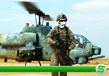 Шаблон для фотошопа – Солдат с автоматом возле вертолета