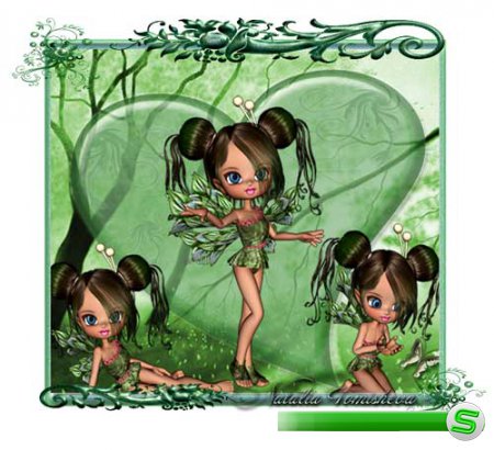 Красивый скрап-набор с 3D куколками - Зелёная маленькая фея