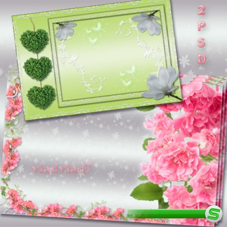 Цветочные рамки для фотошопа - Розовый цвет и зеленые сердечки, белые цветы