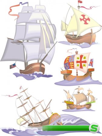 Векторный сток: корабли, парусники, каравеллы, фрегаты и яхты