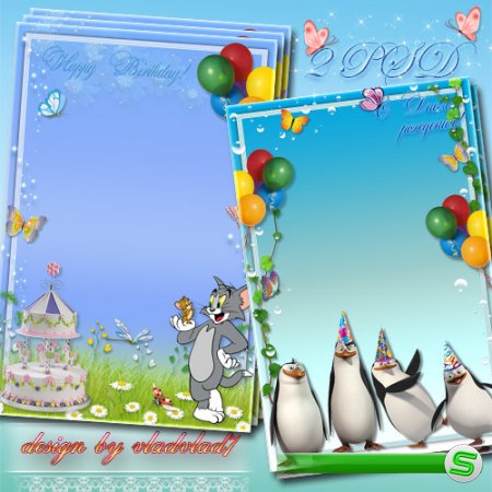 Детские фоторамки ко дню рождения - Пингвины из Мадагаскара, Том и Джерри