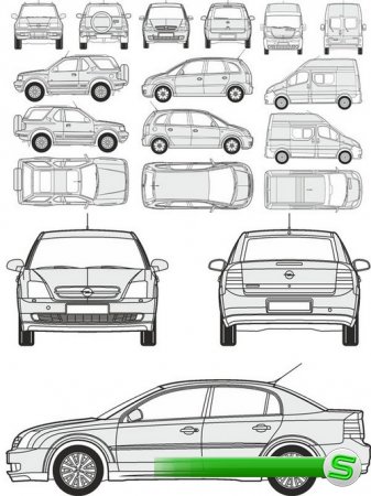 Автомобили Opel - векторные отрисовки в масштабе