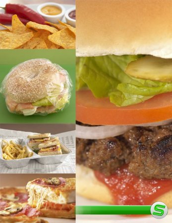Фастфуд: гамбургер, бутерброд, пицца, хлопья, картошка фри и др.