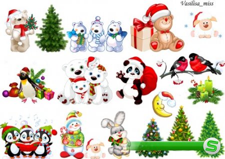 Клипарт новогодний микс - ёлки, животные в новогодних костюмах, снеговик