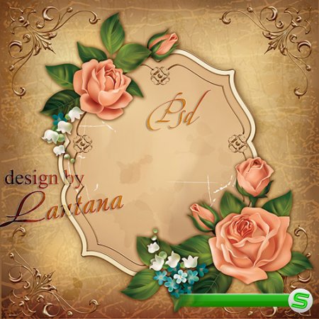 Psd исходник - Винтажная открытка с розами