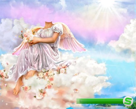  Шаблон psd женский - Ангел на облаке с цветочками 